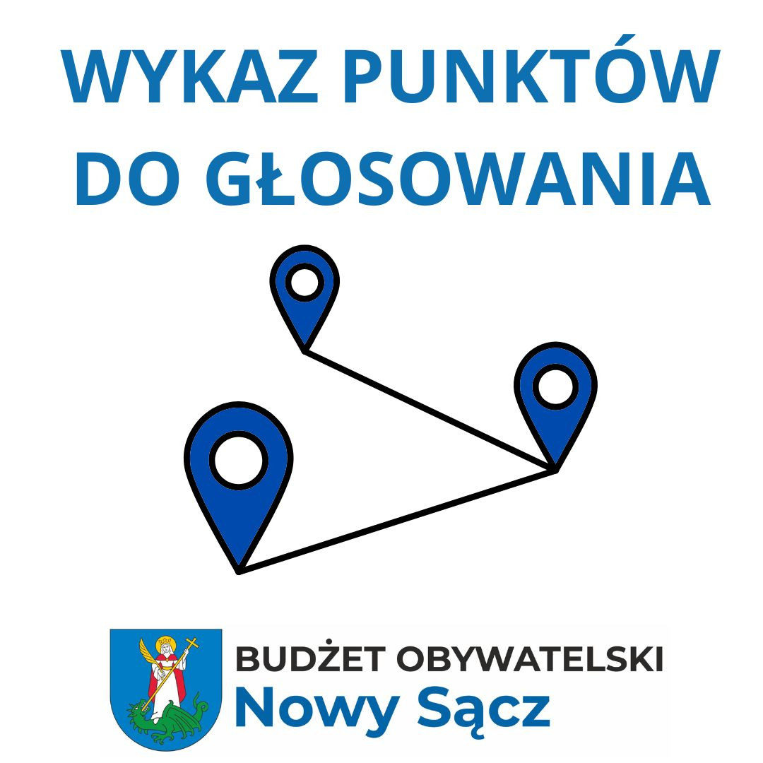 Napis: wykaz punktów do głosowania, logo budżetu obywatelskiego, grafika lokalizacji